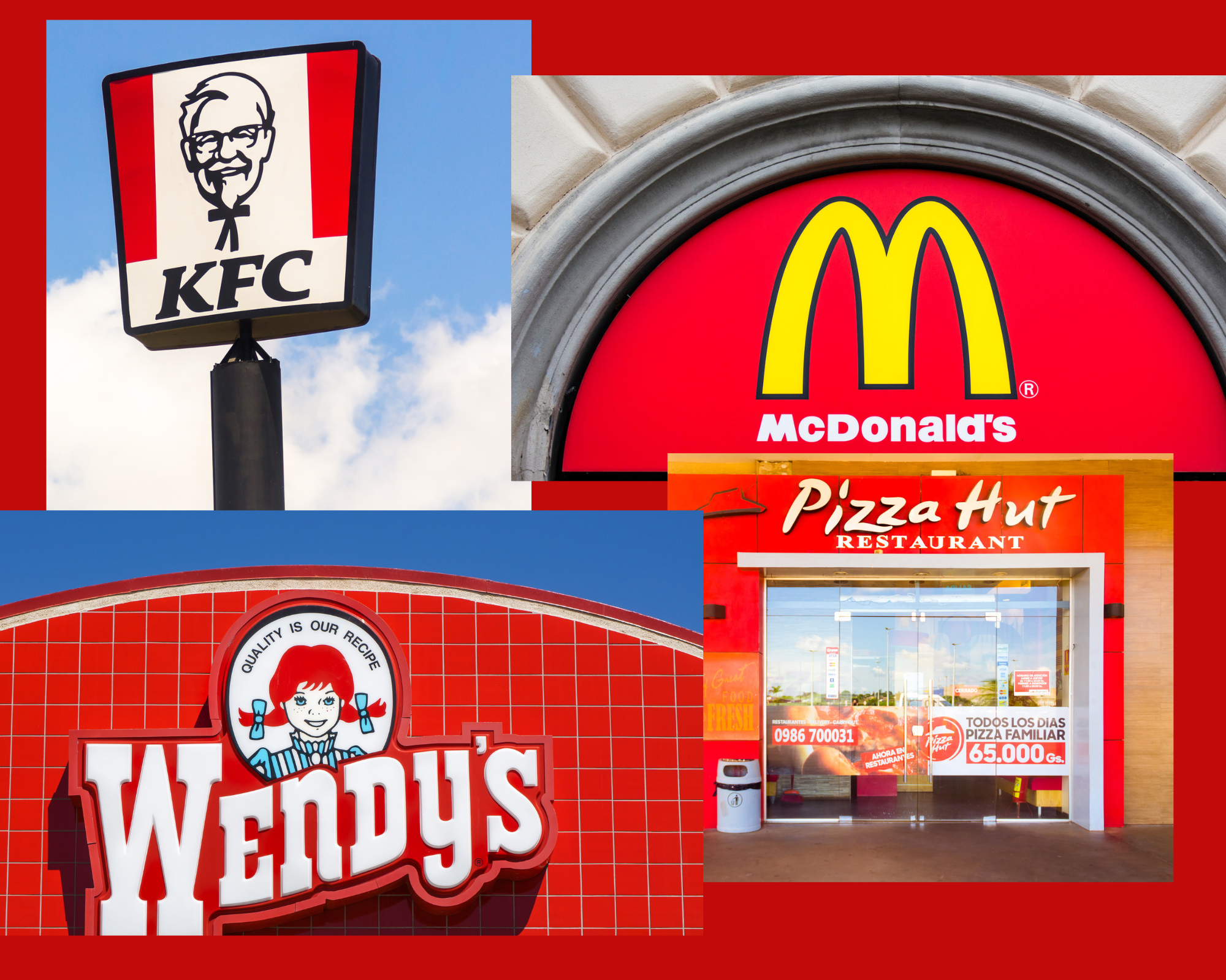 red logos of KFC, McDonald's, Pizza Hut and Wendy's
